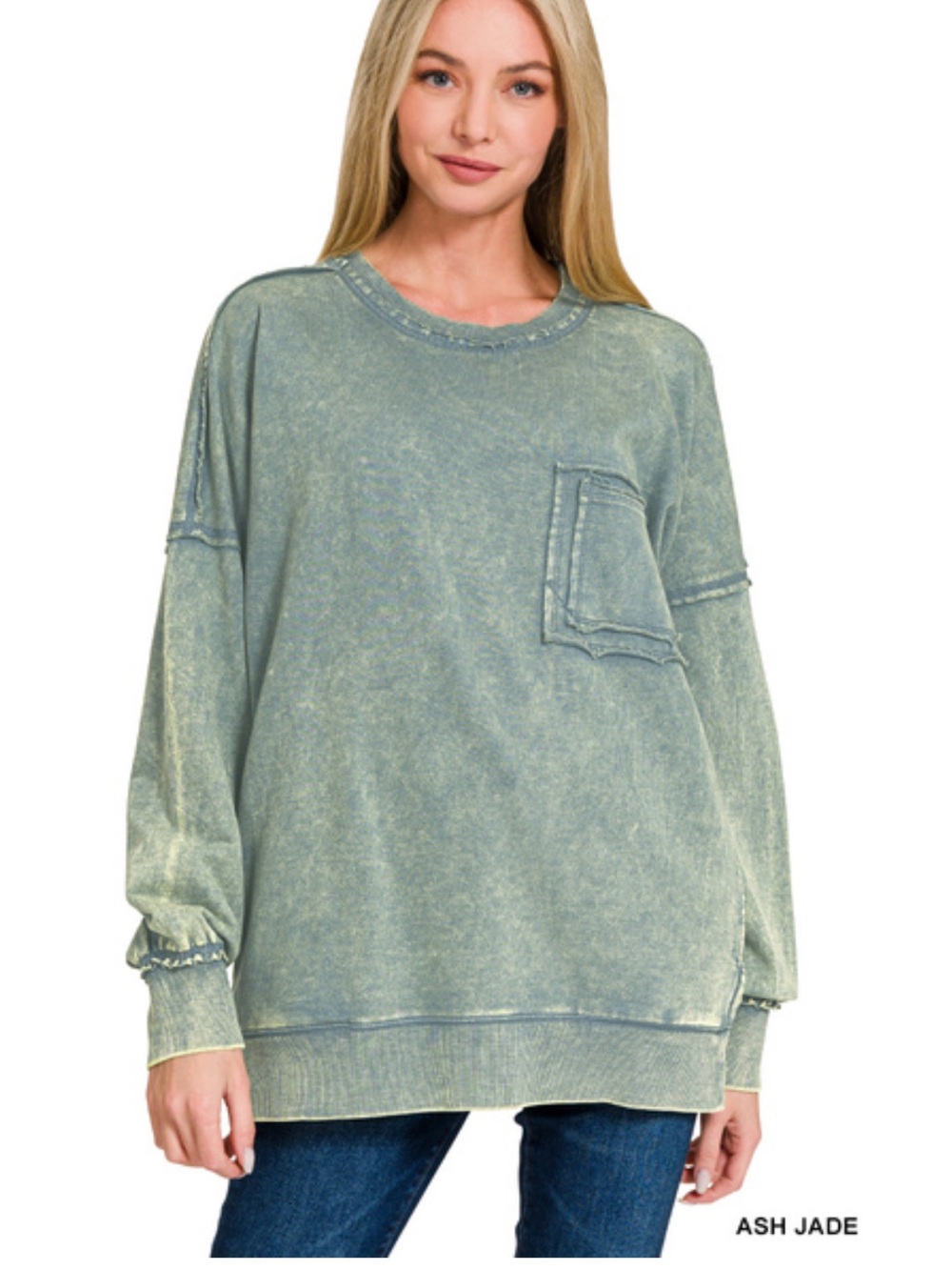 Zenana Outfitters Ash Jade Mineral Wash Pullover Sweatshirt